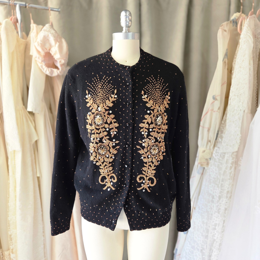 Vintage 50s 60s Cardigan Sweater Size M L 44 Beaded Black Gold Rockabilly